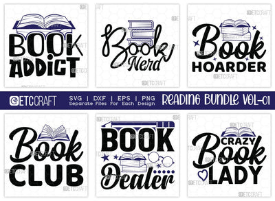 Reading Bundle Vol-01 | Book Addict Svg | Book Nerd Svg | Book Hoarder Svg | Book Club Svg | Reading Quote Design SVG ETC Craft 
