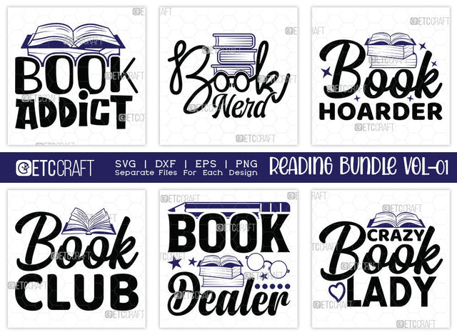 Reading Bundle Vol-01 | Book Addict Svg | Book Nerd Svg | Book Hoarder Svg | Book Club Svg | Reading Quote Design SVG ETC Craft 