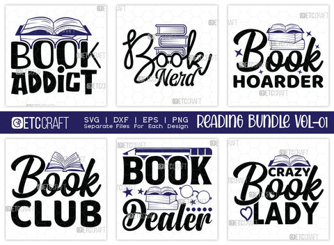 Reading Bundle Vol-01 | Book Addict Svg | Book Nerd Svg | Book Hoarder Svg | Book Club Svg | Reading Quote Design SVG ETC Craft 