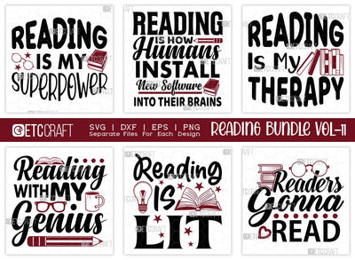Reading Bundle Vol-11 | Reading Is My Superpower Svg | Reading Is My Therapy Svg | Reading With Genius Svg | Reading Is Lit Svg | Reading Quote Design SVG ETC Craft 