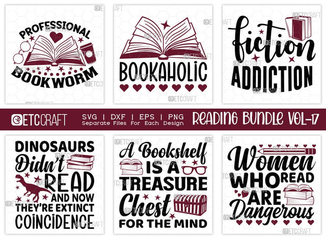 Reading Bundle Vol-17 | Professional Bookworm Svg | Bookaholic Svg | Fiction Addiction Svg | A Bookshelf Is A Treasure Chest For The Mind Svg | Reading Quote Design SVG ETC Craft 