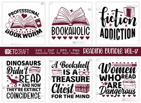 Reading Bundle Vol-17 | Professional Bookworm Svg | Bookaholic Svg | Fiction Addiction Svg | A Bookshelf Is A Treasure Chest For The Mind Svg | Reading Quote Design SVG ETC Craft 