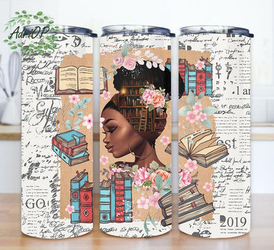 Reading Tumbler Design, Black Girl 20oz Skinny Tumbler, Girl Book Floral Tumbler Png, Library Design Png, Book Lover Gift, Instant Download Sublimation AdriOP 