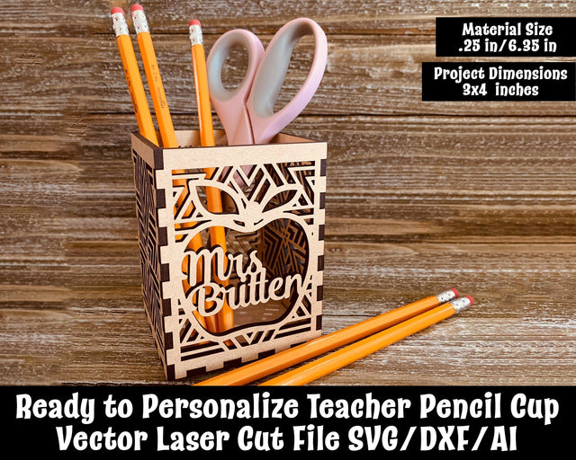 Ready to Personalize Teacher Pencil Cup Vector Laser Cut File SVG Design Shark 