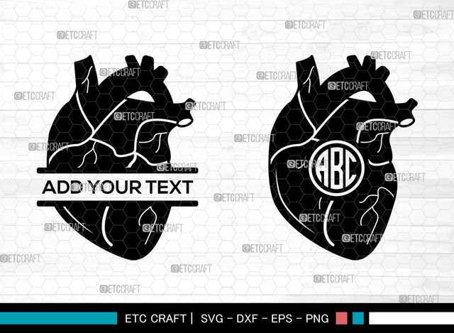 Realistic Heart Monogram SVG, Realistic Heart SVG, Split Monogram Svg, Human Heart Svg, Cardiology Svg, Human Heart Icon Svg, Realistic Heart SVG ETC Craft 