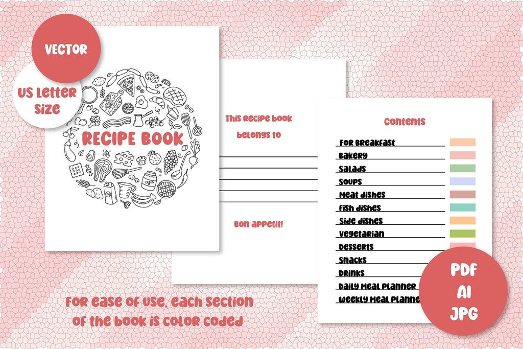 Cook Book Lettering Recipe Book Templates | US Letter Printable Cooking Planner - So Fontsy