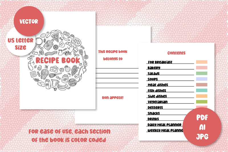 Recipe Book Templates | US Letter Printable Cooking Planner - So Fontsy