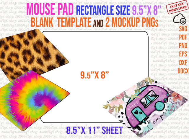 Rectangle Mouse Pad template, Mouse Pad Svg, Mouse Svg, Mouse Mat for Sublimation Template, 9.5"x8" SVG, Dxf, Docx, Png, Eps, 8.5"x11" sheet SVG 1966digi 
