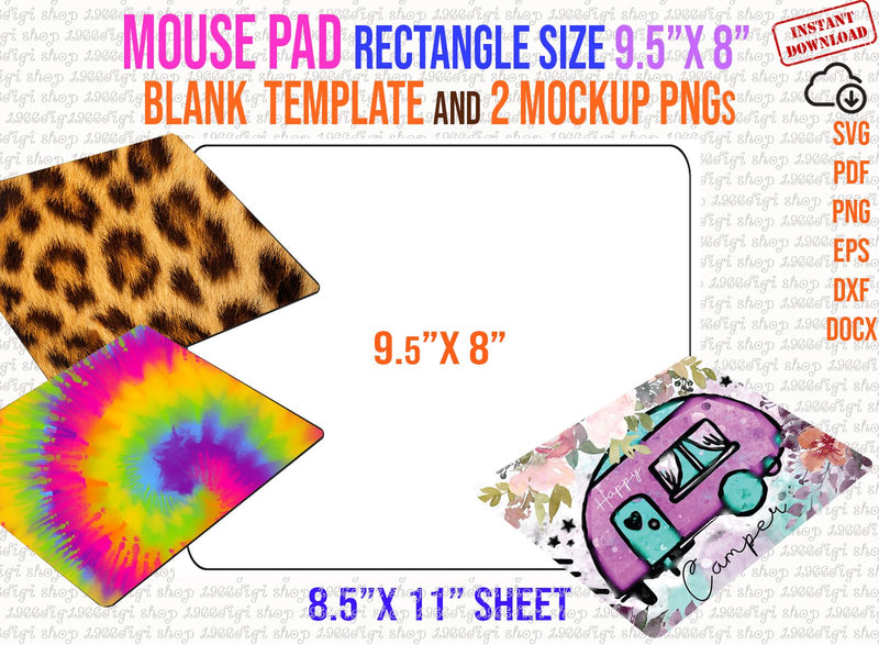 Rectangle Mouse Pad template, Mouse Pad Svg, Mouse Svg, Mouse Mat for Sublimation Template, 9.5"x8" SVG, Dxf, Docx, Png, Eps, 8.5"x11" sheet SVG 1966digi 