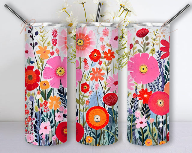 Red And Pink Garden Flowers Painted 20oz Skinny Tumbler Png, White Background Png, Tumbler Wrap With Red And Pink Flowers Png, Flowers Tumbler Sublimation PixelChick 