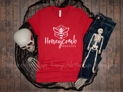 Red Bella Canvas 3001 Mockup, Halloween Mockup, Women's Red T-Shirt Mockup, Skeleton Mockup Mock Up Photo Honeycomb Mockups 