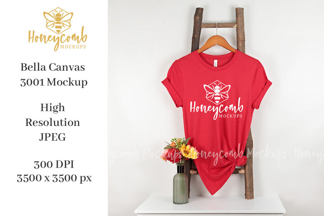 Red Bella Canvas 3001 Mockup, Hanging Ladder Mockup, Women's T-Shirt Mockup, Valentines Mockup Mock Up Photo Honeycomb Mockups 