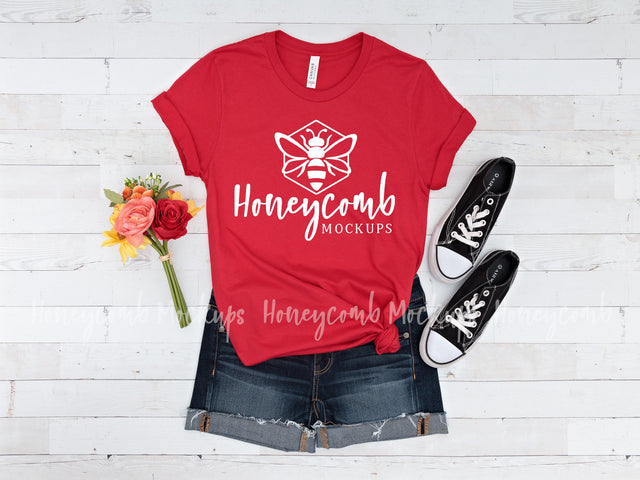 Red Bella Canvas 3001 Mockup, Women's T-shirt Mockup, Valentines Day Mockup Mock Up Photo Honeycomb Mockups 