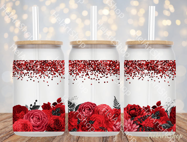 Red Bouquets 16oz Libbey Glass Can PNG Sublimation _HelArtShop_ 