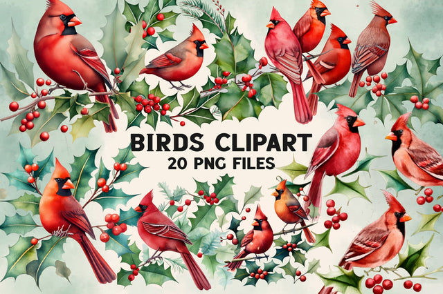 Red Cardinal Birds Christmas Clipart Sublimation Rupkotha 