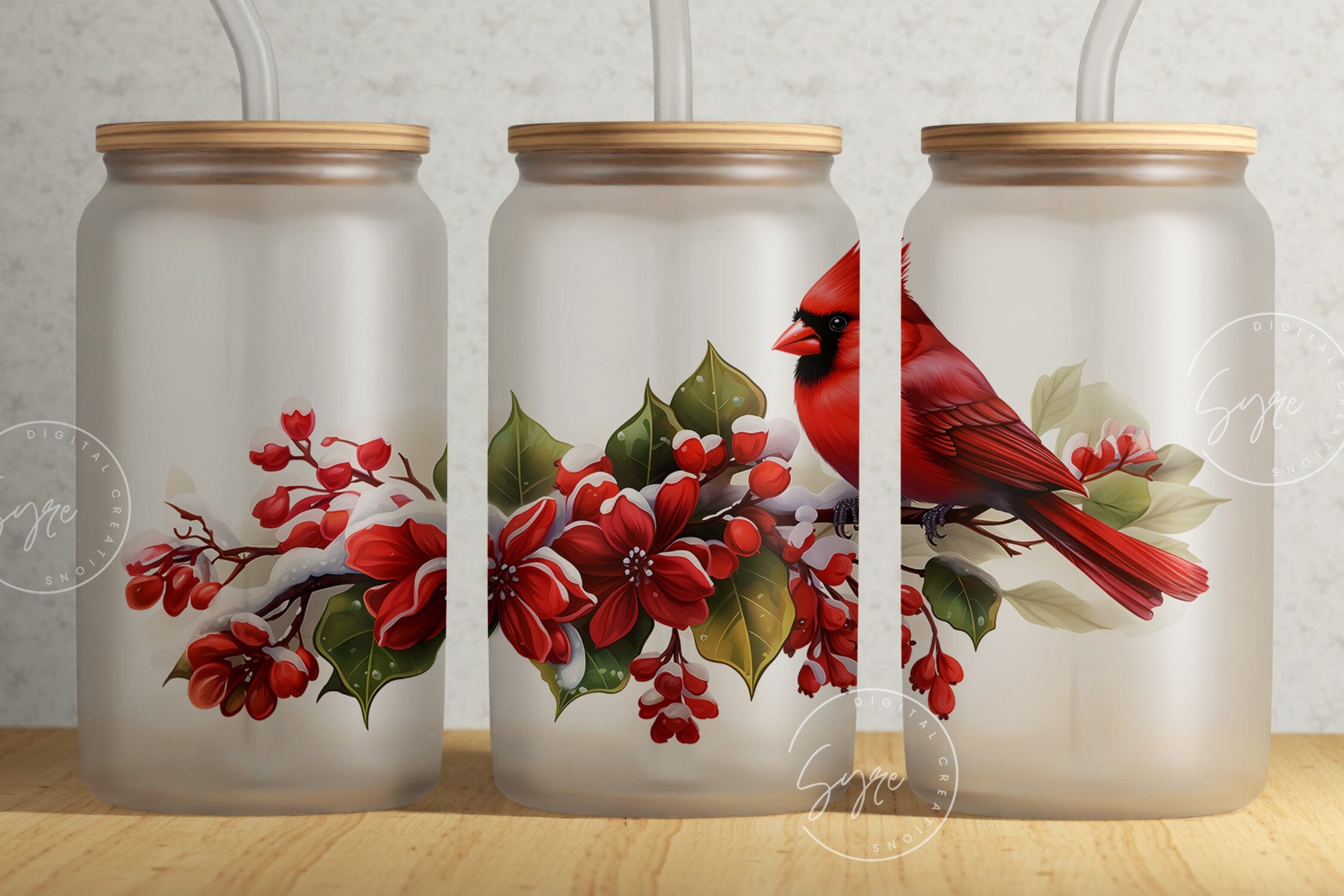 Glass Can 16oz Holiday Floral, Cotton Sublimation Tumbler