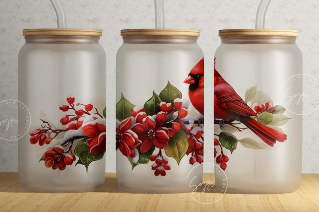 Red Cardinal Tumbler, 16oz Libbey Glass Can Sublimation Design, Winter Floral, Christmas Tumbler Wrap, Gift for Christmas Holiday, Digital Sublimation Syre Digital Creations 