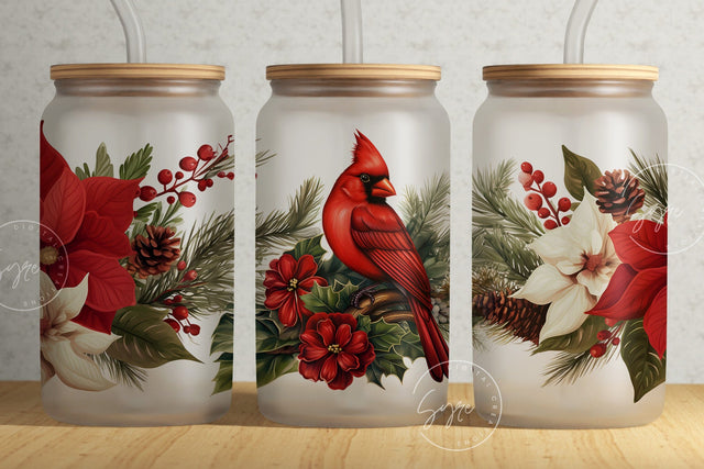 Red Cardinal Tumbler, 16oz Libbey Glass Can Sublimation Design, Winter Floral, Christmas Tumbler Wrap, Gift for Christmas Holiday, Digital Sublimation Syre Digital Creations 