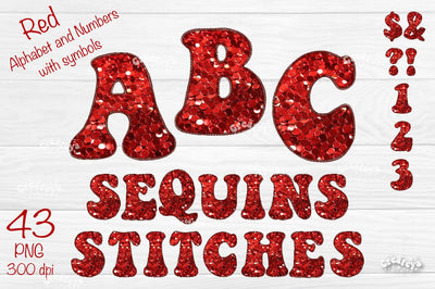 Red Christmas Alphabet PNG Letters Numbers Symbols Glitter Embroidery Sequins and Stitches Sublimation Createya Design 