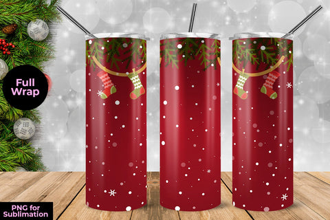 Red Christmas Background & Stockings Tumbler Wrap Template 20 oz Sublimation Sublimatiz Designs 