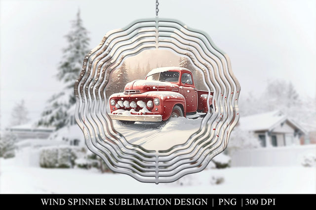 Red Farmhouse Truck Snowy Landscape Wind Spinner Sublimation BijouBay 