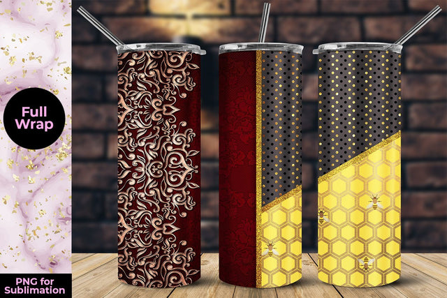 Red Floral Embroidery & Honeycomb 20oz Skinny Tumbler Wrap Template Sublimation Sublimatiz Designs 