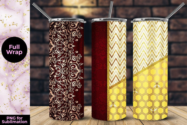 Red Floral Embroidery & Honeycomb Glitter 20oz Skinny Tumbler Wrap Template Sublimation Sublimatiz Designs 