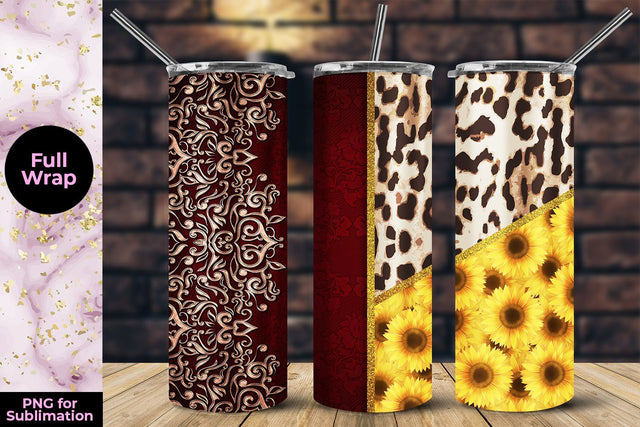 Red Floral Embroidery & Leopard 20oz Skinny Tumbler Wrap Template Sublimation Sublimatiz Designs 