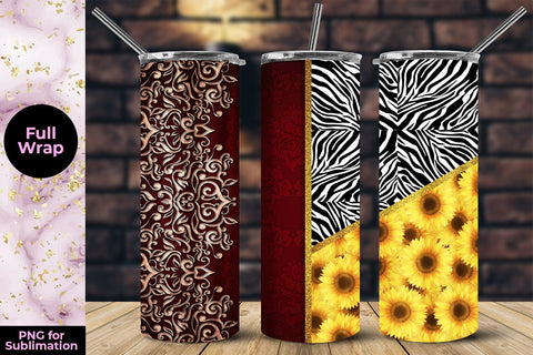 Red Floral Embroidery & Sunflower 20oz Skinny Tumbler Wrap Template Sublimation Sublimatiz Designs 