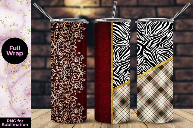 Red Floral Embroidery Zebra & Brown Plaid 20oz Skinny Tumbler Wrap Template Sublimation Sublimatiz Designs 