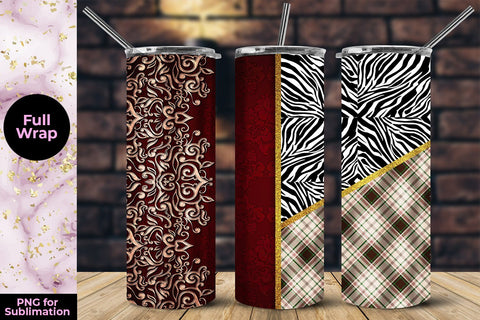 Red Floral Embroidery Zebra & Brown Plaid 20oz Skinny Tumbler Wrap Template Sublimation Sublimatiz Designs 
