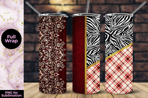 Red Floral Embroidery Zebra & Red Plaid 20oz Skinny Tumbler Wrap Template Sublimation Sublimatiz Designs 
