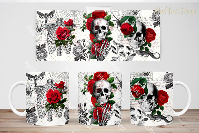 Red Floral Skull Mug PNG, Gothic Mug Png, 11Oz Mug Png Sublimation _HelArtShop_ 