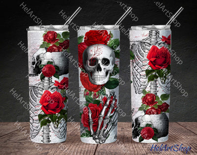 Red Floral Skull Tumbler PNG, Gothic SKINNY TUMBLER Png Sublimation _HelArtShop_ 