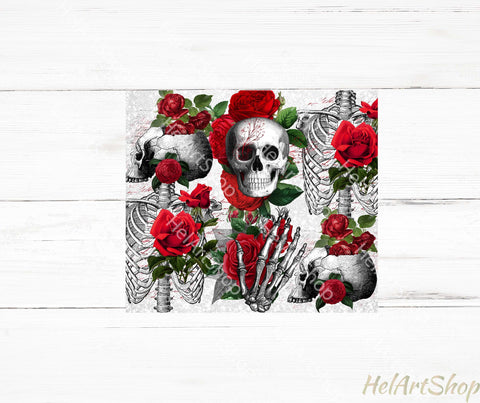 Red Floral Skull Tumbler PNG, Gothic SKINNY TUMBLER Png - So Fontsy