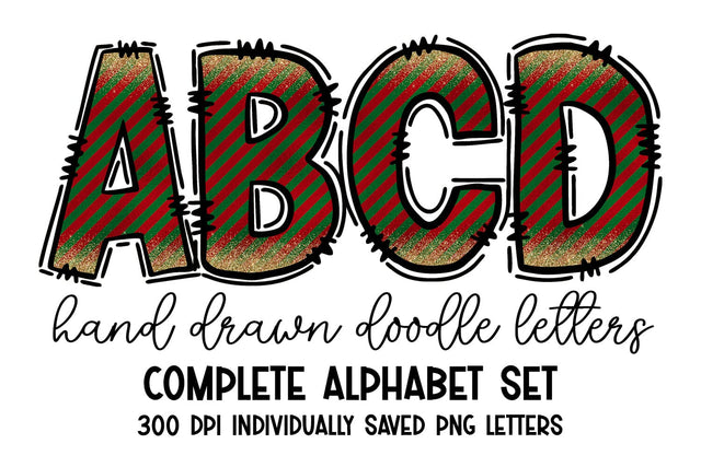 Red Gold And Green Christmas Doodle Letters Alphabet Set Sublimation BijouBay 