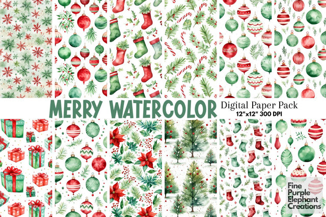 Red Green Watercolor Christmas Digital Pattern Fine Purple Elephant Creations 