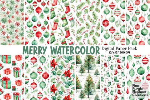 Red Green Watercolor Christmas Digital Pattern Fine Purple Elephant Creations 