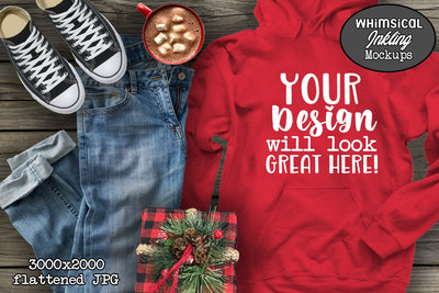 Red Hoodie and Jeans Christmas Mockup Mock Up Photo Whimsical Inklings 