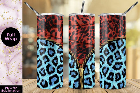 Red Leopard & Blue Zipper 20oz Skinny Tumbler Wrap Template Sublimation Sublimatiz Designs 