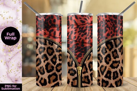 Red Leopard & Brown Zipper 20oz Skinny Tumbler Wrap Template Sublimation Sublimatiz Designs 