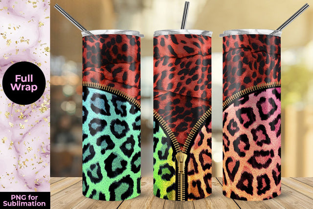 Red Leopard & Rainbow Zipper 20oz Skinny Tumbler Wrap Template Sublimation Sublimatiz Designs 