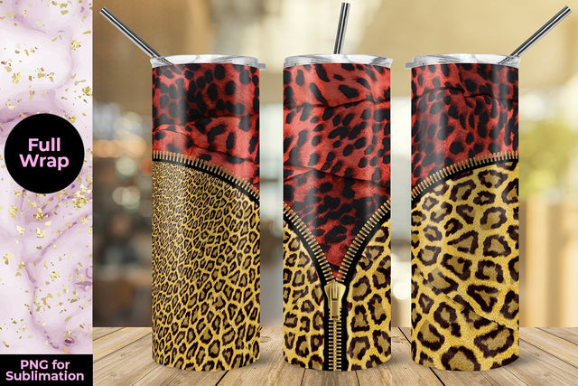 Red Leopard & Yellow Zipper 20oz Skinny Tumbler Wrap Template Sublimation Sublimatiz Designs 