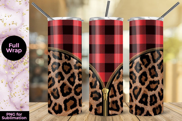 Red Plaid Leopard Brown Zipper 20oz Skinny Tumbler Wrap Template Sublimation Sublimatiz Designs 