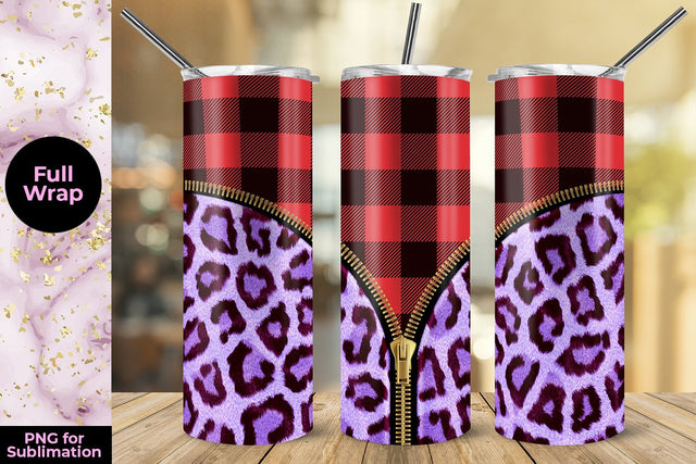 Red Plaid Leopard Purple Zipper 20oz Skinny Tumbler Wrap Sublimation Template Sublimation Sublimatiz Designs 