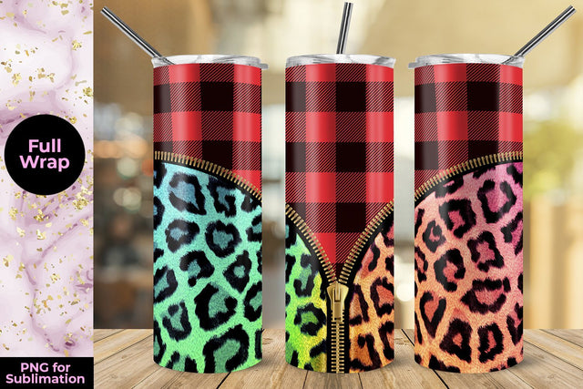Red Plaid Leopard Rainbow Zipper 20oz Skinny Tumbler Wrap Template Sublimation Sublimatiz Designs 