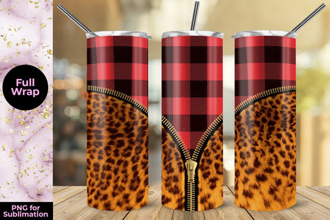 Red Plaid Leopard Reddish Brown Zipper 20oz Skinny Tumbler Wrap Template Sublimation Sublimatiz Designs 