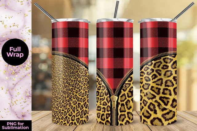 Red Plaid Leopard Yellow Zipper 20oz Skinny Tumbler WrapTemplate Sublimation Sublimatiz Designs 