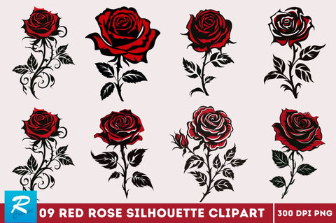 Red Rose Silhouette Clipart Bundle Sublimation Regulrcrative 