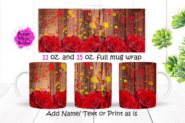 Red Rose Wooden Coffee Mug Design,Roses Sublimation,11Oz Mug & 15Oz Mug Wrap Template,Ceramic Mug Wrap Sublimation,Cricut Press Designs Digital Pattern ArtStudio 